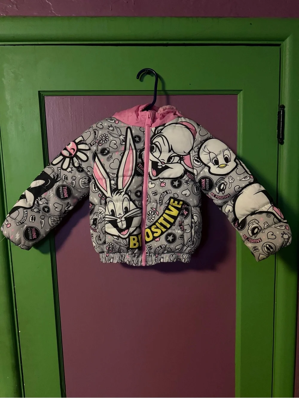 Members Only x Looney Tunes Girls Puffer Jacket - Size 4 Pink Sherpa Lined